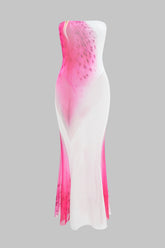 Floral Contrast Print Mesh Strapless Sleeveless Maxi Dress